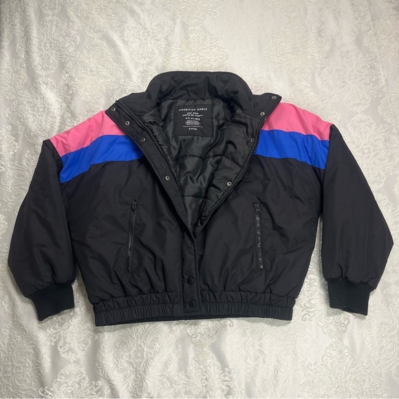 American Eagle Retro Color Block Puffer Jacket In Pink/Blue/Black Size Small - Picture 6 of 9